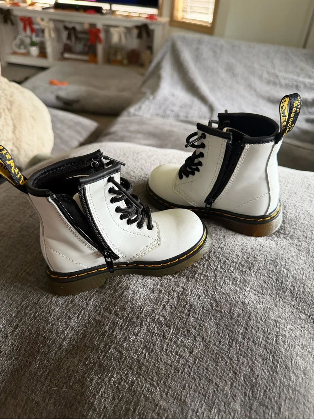 Dr. Martens White Leather Lace-Up Combat Boots with Black Laces